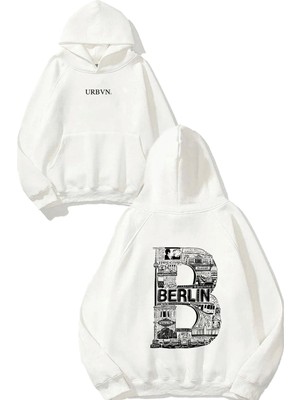 Urbvn Berlin B Tasarım Baskılı Oversize Beyaz Kapüşonlu Sweatshirt