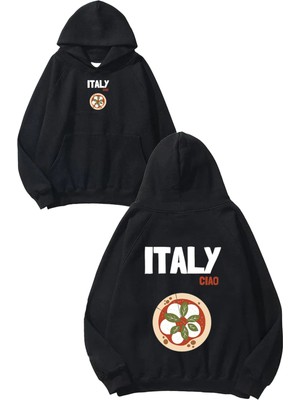 Urbvn Italy Pizza Tasarım Baskılı Oversize Siyah Kapüşonlu Sweatshirt