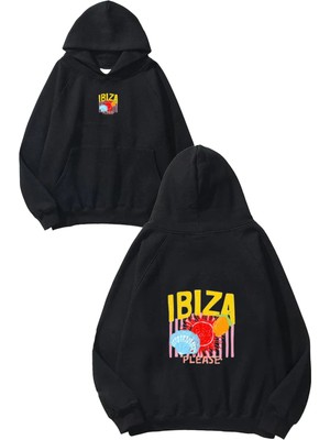 Urbvn Ibiza Please Tasarım Baskılı Oversize Siyah Kapüşonlu Sweatshirt