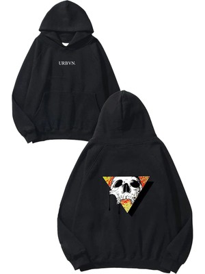Urbvn Üçgen Kurukafa Tasarım Baskılı Oversize Siyah Kapüşonlu Sweatshirt