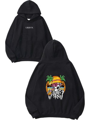 Urbvn Sunset Skull Tasarım Baskılı Oversize Siyah Kapüşonlu Sweatshirt