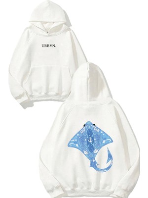 Urbvn Big Fish Blue Tasarım Baskılı Oversize Beyaz Kapüşonlu Sweatshirt
