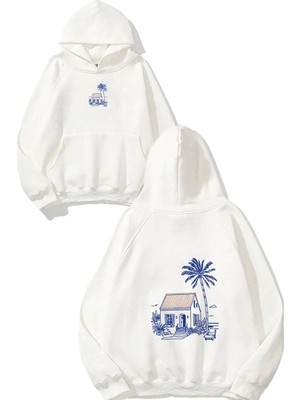 Urbvn Palmihouse Tasarım Baskılı Oversize Beyaz Kapüşonlu Sweatshirt