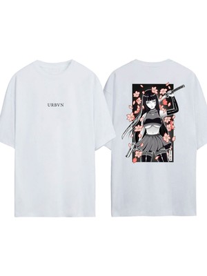 Urbvn Samurai Girl 2 Tasarım Baskılı Beyaz Oversize T-Shirt