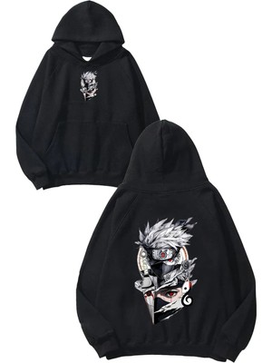 Urbvn Samurai Anime Tasarım Baskılı Oversize Siyah Kapüşonlu Sweatshirt