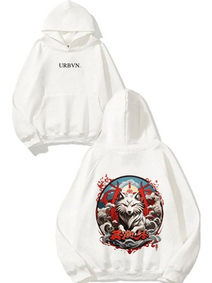 Urbvn China Wolf Tasarım Baskılı Oversize Beyaz Kapüşonlu Sweatshirt