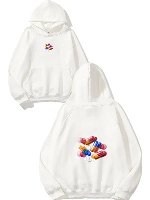 Urbvn Pills Tasarım Baskılı Oversize Beyaz Kapüşonlu Sweatshirt