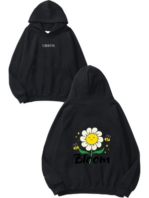 Urbvn Daisy Bloom Tasarım Baskılı Oversize Siyah Kapüşonlu Sweatshirt