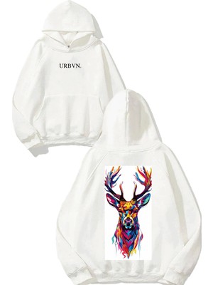 Urbvn Deer Face Tasarım Baskılı Oversize Beyaz Kapüşonlu Sweatshirt