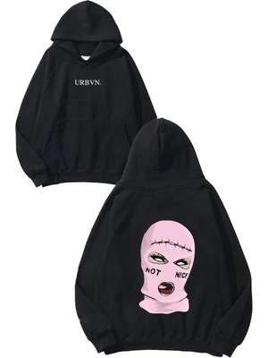 Urbvn Not Nice Tasarım Baskılı Oversize Siyah Kapüşonlu Sweatshirt