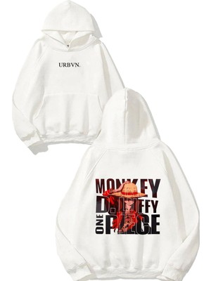 Urbvn Monkey Luffy Piece Tasarım Baskılı Oversize Beyaz Kapüşonlu Sweatshirt