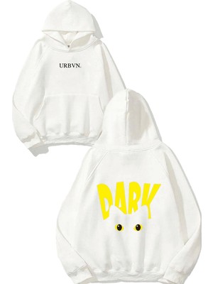 Urbvn Dark Yellow Tasarım Baskılı Oversize Beyaz Kapüşonlu Sweatshirt
