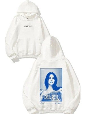 Urbvn Del Rey Tasarım Baskılı Oversize Beyaz Kapüşonlu Sweatshirt