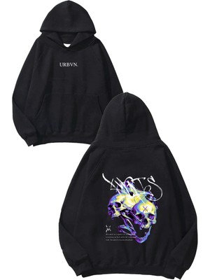 Urbvn Purple Skull Tasarım Baskılı Oversize Siyah Kapüşonlu Sweatshirt