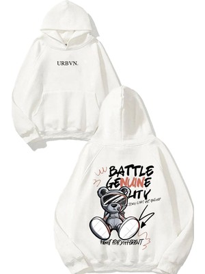 Urbvn Battle Tasarım Baskılı Oversize Beyaz Kapüşonlu Sweatshirt