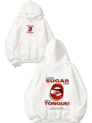 Urbvn Sugar On My Tongue Tasarım Baskılı Oversize Beyaz Kapüşonlu Sweatshirt