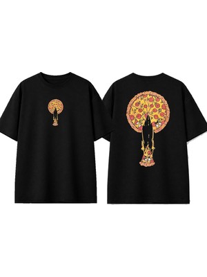 Urbvn Pizza Dilim Tasarım Baskılı Siyah Oversize T-Shirt