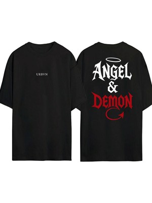 Urbvn Angel Demon Tasarım Baskılı Siyah Oversize T Shirt