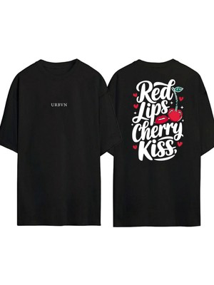 Urbvn Red Lips Tasarım Baskılı Siyah Oversize T Shirt