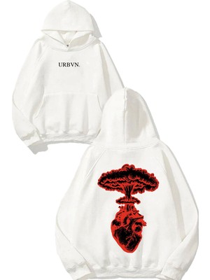 Urbvn Love Bomb Tasarım Baskılı Oversize Beyaz Kapüşonlu Sweatshirt