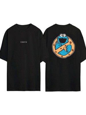 Urbvn Cockiee Monster Tasarım Baskılı Siyah Oversize T Shirt