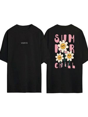 Urbvn Summer Chill Tasarım Baskılı Siyah Oversize T Shirt