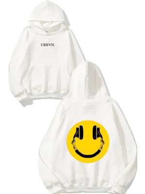 Urbvn Dj Smile Tasarım Baskılı Oversize Beyaz Kapüşonlu Sweatshirt