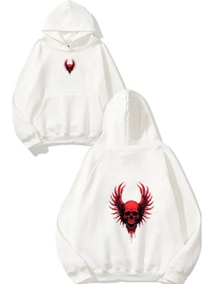 Urbvn Red Wing Tasarım Baskılı Oversize Beyaz Kapüşonlu Sweatshirt