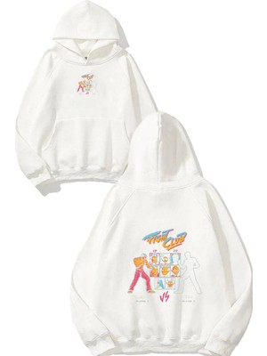 Urbvn Street Fighter 2 Tasarım Baskılı Oversize Beyaz Kapüşonlu Sweatshirt