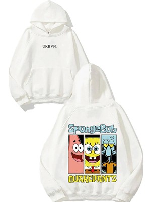 Urbvn Spongebob Faces Tasarım Baskılı Oversize Beyaz Kapüşonlu Sweatshirt