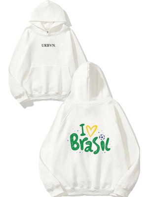 Urbvn I Love Brasil Tasarım Baskılı Oversize Beyaz Kapüşonlu Sweatshirt