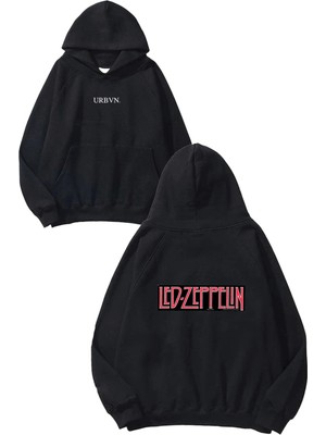 Urbvn Zeppelin Tasarım Baskılı Oversize Siyah Kapüşonlu Sweatshirt