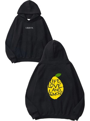Urbvn Live Love Lemon Tasarım Baskılı Oversize Siyah Kapüşonlu Sweatshirt