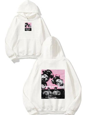 Urbvn Breaking 2 Tasarım Baskılı Oversize Beyaz Kapüşonlu Sweatshirt
