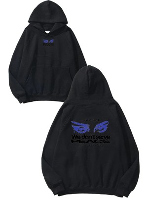 Urbvn Peace 3 Tasarım Baskılı Oversize Siyah Kapüşonlu Sweatshirt