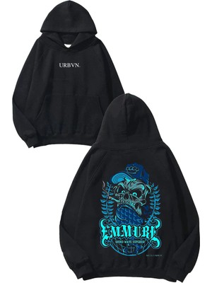 Urbvn Sound Wave Tasarım Baskılı Oversize Siyah Kapüşonlu Sweatshirt