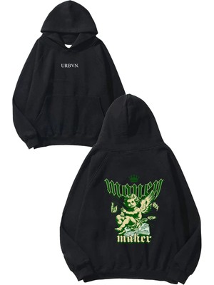Urbvn Money Angel Tasarım Baskılı Oversize Siyah Kapüşonlu Sweatshirt