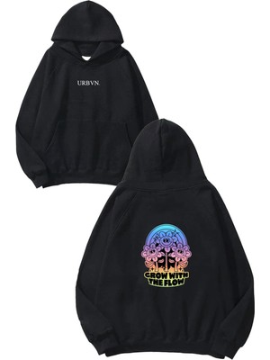 Urbvn Flow 1 Tasarım Baskılı Oversize Siyah Kapüşonlu Sweatshirt