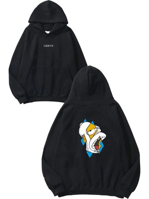 Urbvn Simpson Tasarım Baskılı Oversize Siyah Kapüşonlu Sweatshirt