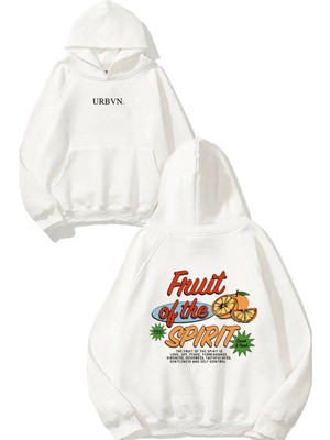 Urbvn Fruit Of The Spirit Tasarım Baskılı Oversize Beyaz Kapüşonlu Sweatshirt