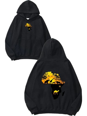 Urbvn Africa 2 Tasarım Baskılı Oversize Siyah Kapüşonlu Sweatshirt