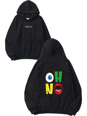 Urbvn Oh No Tasarım Baskılı Oversize Siyah Kapüşonlu Sweatshirt