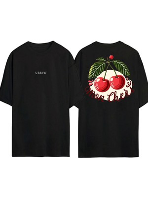Urbvn Mon Cherry Tasarım Baskılı Siyah Oversize T Shirt