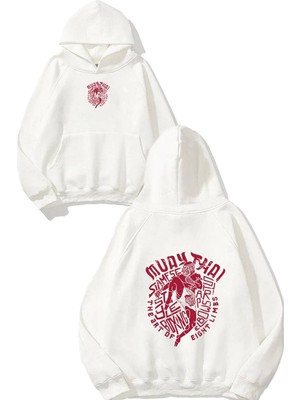 Urbvn Muaythai 2 Tasarım Baskılı Oversize Beyaz Kapüşonlu Sweatshirt