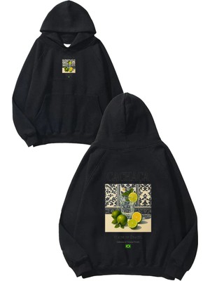 Urbvn Cachaça Tasarım Baskılı Oversize Siyah Kapüşonlu Sweatshirt