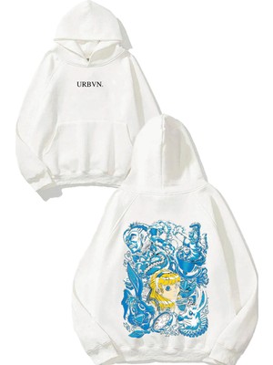 Urbvn Alice Tasarım Baskılı Oversize Beyaz Kapüşonlu Sweatshirt