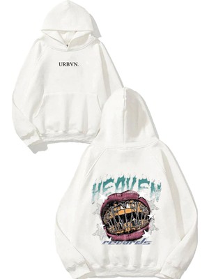 Urbvn Heaven Records Tasarım Baskılı Oversize Beyaz Kapüşonlu Sweatshirt