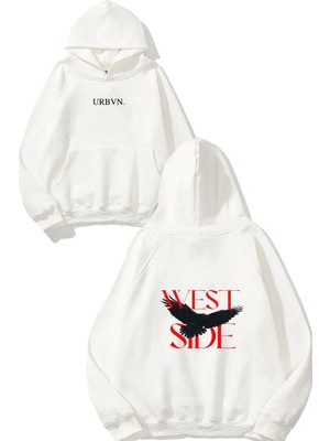 Urbvn West Side Tasarım Baskılı Oversize Beyaz Kapüşonlu Sweatshirt