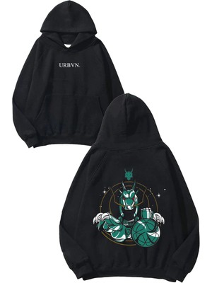 Urbvn Dragon Anime Tasarım Baskılı Oversize Siyah Kapüşonlu Sweatshirt