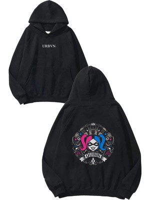 Urbvn Harley Quinn Circle Tasarım Baskılı Oversize Siyah Kapüşonlu Sweatshirt